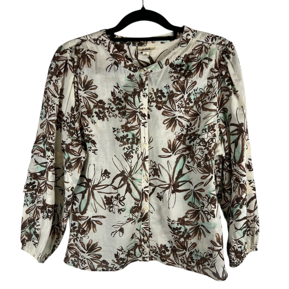 ana A New Approach Womens Large Cotton Floral‎ Button Down Blouse Brown Mint